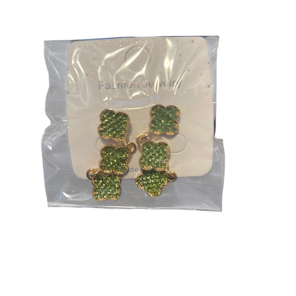 FASHION JEWELRY GOLD PLATED GREEN SPARKLE THREE HANGING EARRING